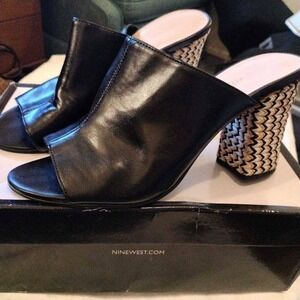 Nine West‎ Womens Behaveo Mules Block Heels Shoes Black Slip On Peep Toe 9 M